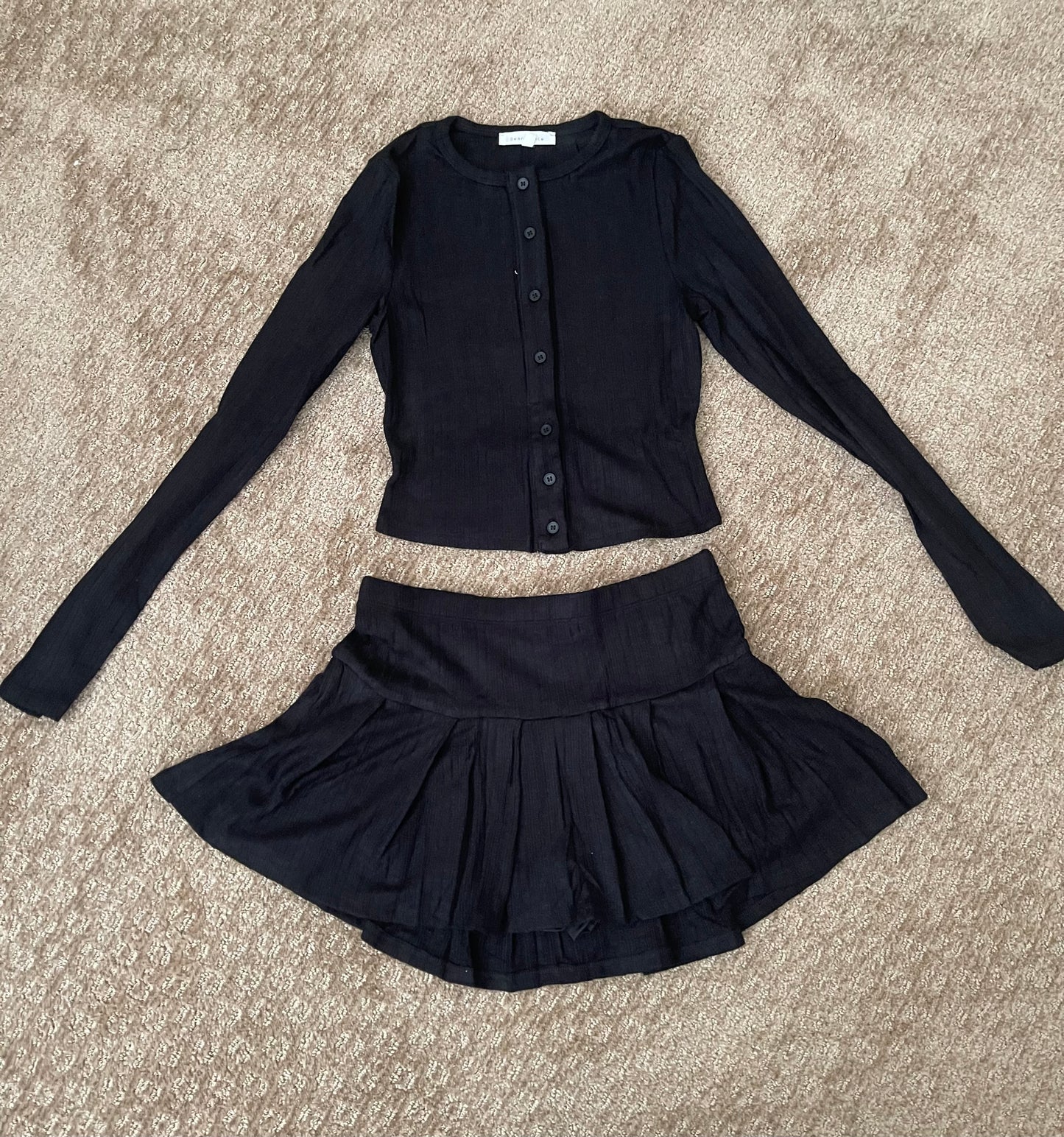 Button Down Sweater And Pleated Mini Skirt