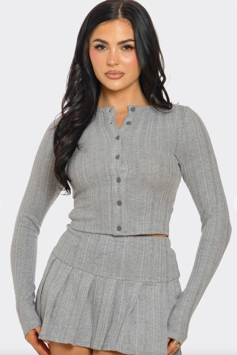 Button Down Sweater And Pleated Mini Skirt