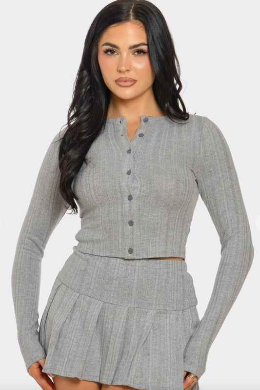 Button Down Sweater And Pleated Mini Skirt